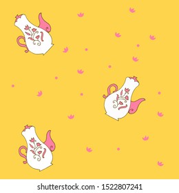 
Pattern with vintage teapots for tea party on a yellow background. 
Doodle stock vector illustration.