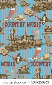 Pattern of vintage train and other items from 1900. Vector illustration. Suitable for fabric, wrapping paper and the like