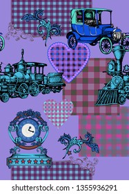 Pattern of vintage train and other items from 1900. Vector illustration. Suitable for fabric, wrapping paper and the like