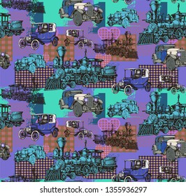 Pattern of vintage train and other items from 1900. Vector illustration. Suitable for fabric, wrapping paper and the like