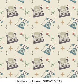 Pattern with vintage typewriter and rotary telephone. Flat vector design is perfect for retro packaging.