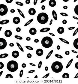 pattern of vinyl records in a chaotic manner, music retro seamless pattern of scattered discs for publications and print on the theme of music