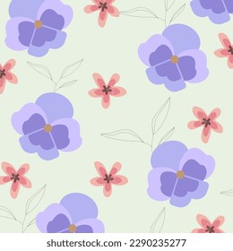 Pattern with viola flowers, leaves. Vector design.