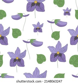 Pattern with violas, vector color image in purple tones, handmade cute drawing. Suitable for printing on fabrics, backgrounds, websites and postcards. EPS10
