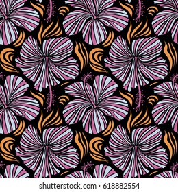 Pattern in violet, pink and orange colors with tropic summertime motif may be used as texture, wrapping or textile. Vector seamless pattern of tropical hibiscus flowers, dense jungle. Hand painted.