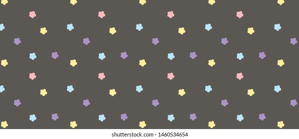pattern with violet, yellow, blue and pink flowers on black background