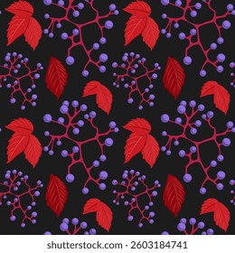 Pattern with Virginia creeper, red leaves and blue berries on a black background. Seamless pattern