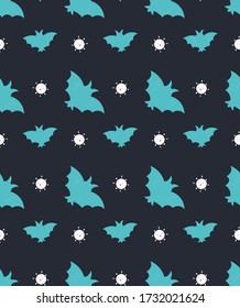 Pattern with viruses and bat in scandinavian style. Unique hand drawn seamless background. Modern vector illustration.
