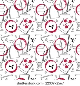 Pattern Viva Magenta color 2023 wine stain and drops with glasses for drinks and whiskey, red watercolor stains, hand drawn doodle.