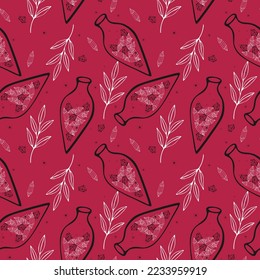 Pattern Viva Magenta color trend 2023 with potion crystals magic bottle witchcraft .