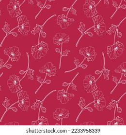 Pattern Viva Magenta color of the year 2023 with white Poppy flower contour.