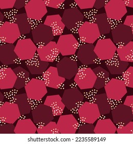 Pattern Viva Magenta color of the year 2023 with abstract geometric shapes, golden dots.