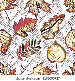 Pattern vivid colorful leaves on white background. Stylish seamless pattern. Beautiful vector illustration. Print for textile.