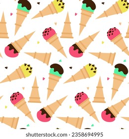 Pattern waffle cones with colored ice cream and various flavors and sprinkles. Multi-colored ice cream on a white background with decorative elements. Cartoon vector illustration on a white background