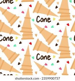 A pattern with waffle cones for ice cream on a white background with the inscription cone and hearts. Cute summer vector illustration for printing on textiles and paper