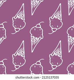 ein Muster einer Waffeleiskegel mit einer Kirsche auf Violett. nahtloses Muster von Kirschbeerbeerbeere ICE Creme, handgezeichnet im Stil von Doodles mit einer weißen, isolierten Linie auf violett für einen Sommer 