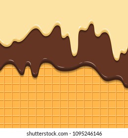 Pattern waffle texture melts frosting ice cream dripping. Glossy streaks chocolate vanilla cream crispy cone. Cartoon picture for web, advertising, banner, business card. Vector illustration.