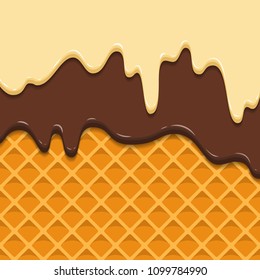 Pattern waffle texture melts frosting ice cream dripping. Glossy streaks chocolate vanilla cream crispy cone. Cartoon picture for web, advertising, banner, business card. Vector illustration.