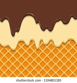 Pattern waffle texture melts frosting ice cream dripping. Glossy streaks chocolate vanilla cream crispy cone. Cartoon picture for web, advertising, banner, business card. Vector illustration.