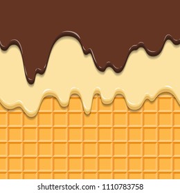Pattern waffle texture melts frosting ice cream dripping. Glossy streaks chocolate vanilla cream crispy cone. Cartoon picture for web, advertising, banner, business card. Vector illustration.