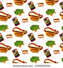 The pattern is a waist bag, money, phone, bank card, everything for travel. A set of tourists to view the sights of the city. Flat illustration for packing travel packages