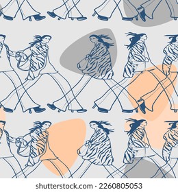 Pattern with walking girls in coats and trousers. Girls in modern fashionable clothes.