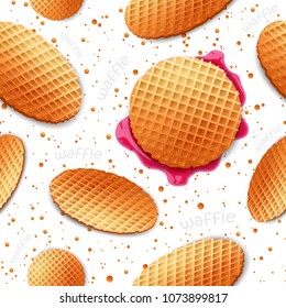 Pattern wallpaper with belgium round waffle with gold, orange colors, dots, crumbs and jam, jelly isolated on white background. Vector illustration. Cartoon food, meal icons, logo.
