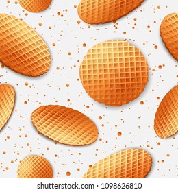 Pattern wallpaper with belgium round waffle with gold, orange colors, dots, crumbs isolated on white background. Vector illustration. Cartoon food, meal icons, logo.