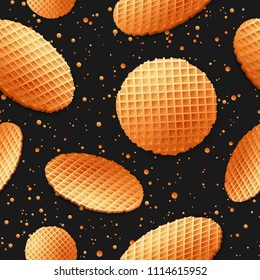 Pattern wallpaper with belgium round waffle with gold, orange colors, dots, crumbs isolated on black background. Vector illustration. Cartoon food, meal icons, logo.
