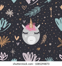Pattern, wallpaper. Cute unicorn face art, hand drawn decor elements. Baby print. Vector and jpg image. Clipart, isolated details.