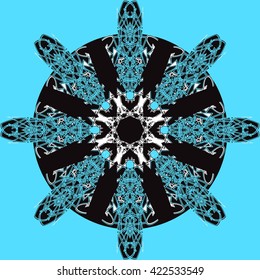 Pattern for wallpaper and textile.  Blue and black abstract floral ornament on a blue background.