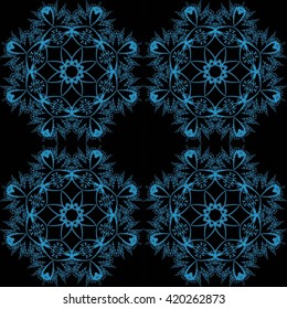 Pattern for wallpaper and textile. Seamless pattern. Abstract blue floral ornament on a black background.