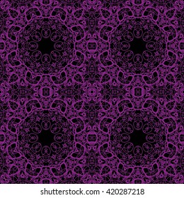 Pattern for wallpaper and textile. Seamless pattern.Purple abstract floral ornament on black background

