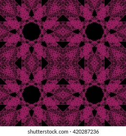 Pattern for wallpaper and textile. Seamless pattern. 
Pink abstract floral ornament on black background