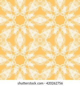 Pattern for wallpaper and textile. Seamless pattern. White abstract floral ornament on yellow background.