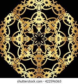 Pattern for wallpaper, t-shirt and textile. Gold abstract floral ornament on a black background.
