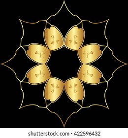 Pattern for wallpaper, t-shirt and textile. Gold abstract floral ornament on a black background.