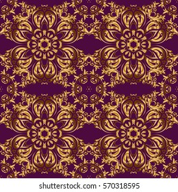 Pattern for wallpapers, backgrounds, flyers or wrapping paper. Seamless pattern with damask ornament. Seamless vector golden ornament in arabian style on a purple background.