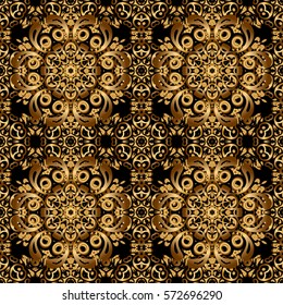 Pattern for wallpapers, backgrounds, flyers or wrapping paper. Seamless pattern with damask ornament. Seamless vector golden ornament in arabian style on a black background.