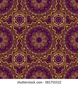 Pattern for wallpapers, backgrounds, flyers or wrapping paper. Seamless pattern with damask ornament. Seamless vector golden ornament in arabian style on a purple background.