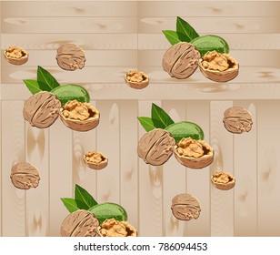 Pattern with walnuts on a wooden background