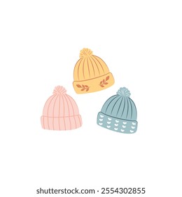 the pattern of warm winter hats in pastel colors of the scandinavian style. trendy flat hand drawn design elements.