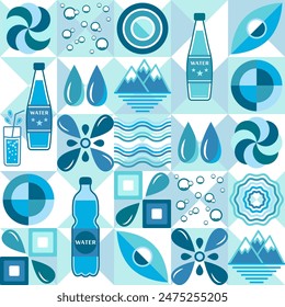 Pattern with water icons, design elements in flat simple geometric style. Seamless background with abstract shapes. For branding, decoration of food package, cover design, textile kitchen prints