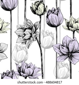 Pattern with water lily flower in color with black graphic