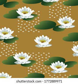 Wasserlilililie Wasserlilie Wasserlililie, grüner Hintergrund, weißer, farbiger, hübscher Blütenstoff, Tapete 
Umhüllung von Textil-Sommerblumenpflanze nahtlose Illustration