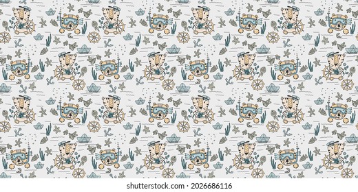 A pattern with a water tiger. The tiger is playing sailor. Children's print for fabric, T-shirt, poster, postcard, baby shower.