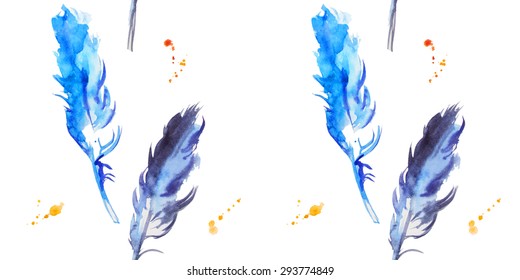 Pattern with watercolor feathers. Vector illustration
