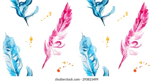 Pattern with watercolor feathers. Vector illustration
