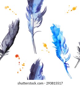 Pattern with watercolor feathers. Vector illustration
