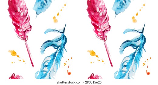 Pattern with watercolor feathers. Vector illustration
